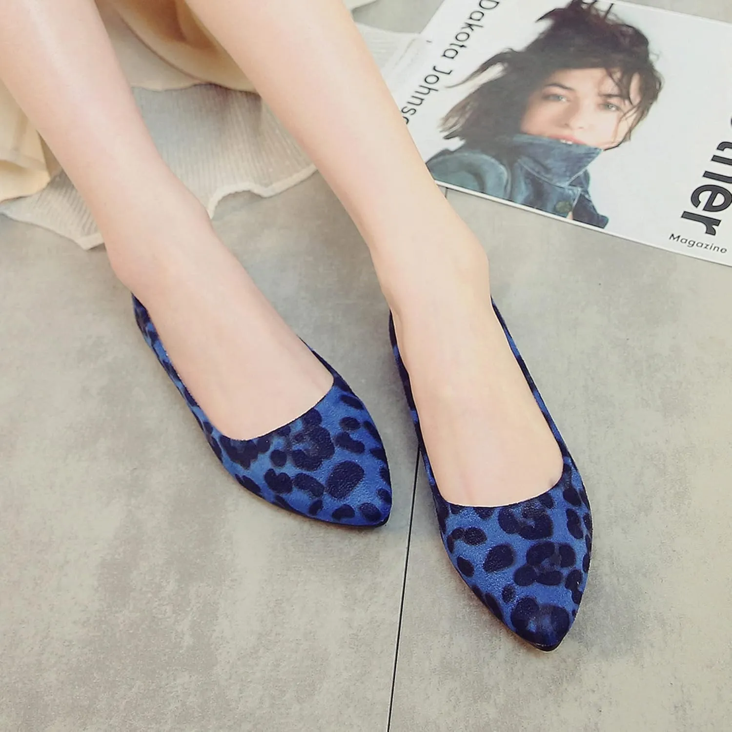 Hee grand Women's Leopard Suede Ballet Flats Pointy Toe Shallow Slip on Loafers Comfortable Walking Shoes Fashion Christmas Dress Shoes