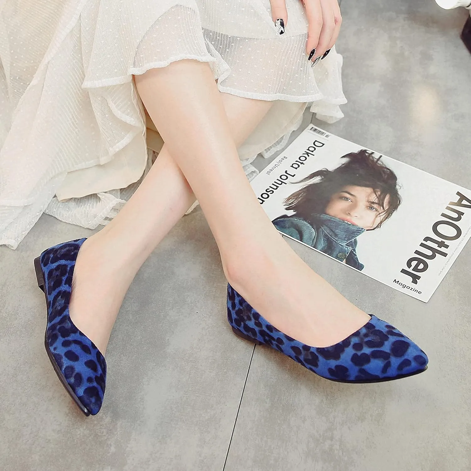 Hee grand Women's Leopard Suede Ballet Flats Pointy Toe Shallow Slip on Loafers Comfortable Walking Shoes Fashion Christmas Dress Shoes