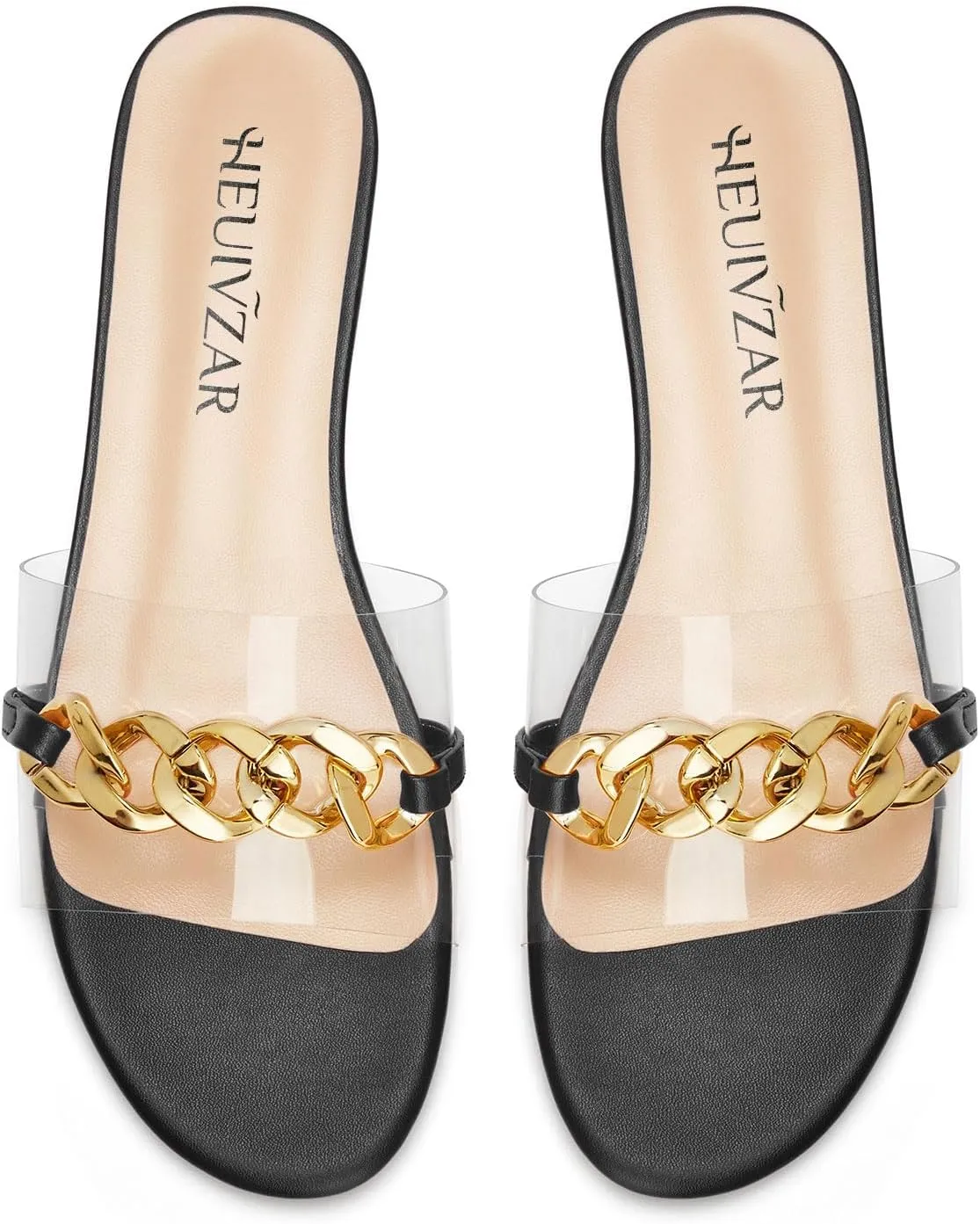 HEUIVZAR Womens Low Heel Peep Open Toe Flats Mules Slip-on Metal Chain Office Clear Dress Summer Shoes