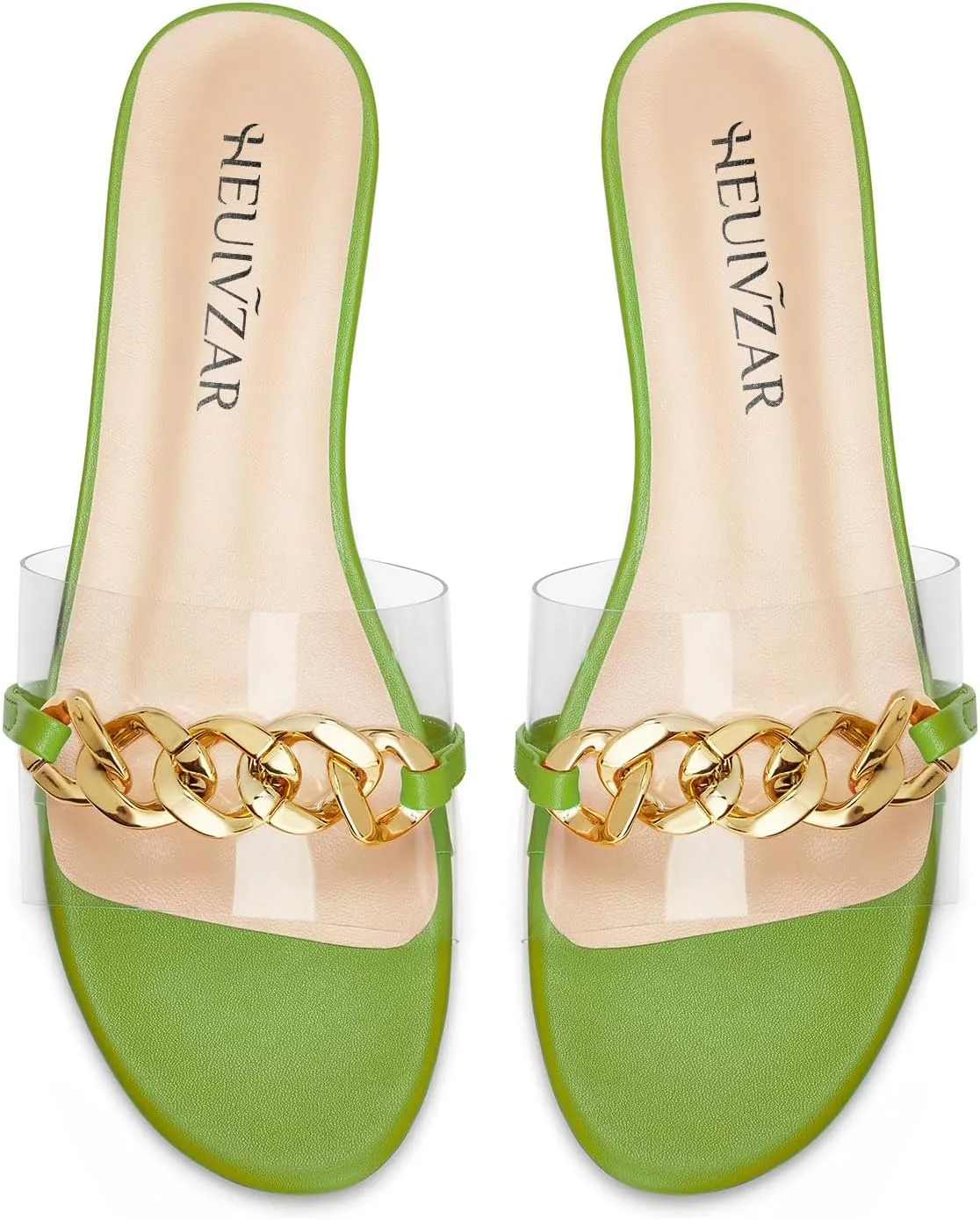HEUIVZAR Womens Low Heel Peep Open Toe Flats Mules Slip-on Metal Chain Office Clear Dress Summer Shoes