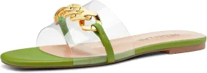 HEUIVZAR Womens Low Heel Peep Open Toe Flats Mules Slip-on Metal Chain Office Clear Dress Summer Shoes