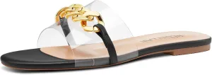 HEUIVZAR Womens Low Heel Peep Open Toe Flats Mules Slip-on Metal Chain Office Clear Dress Summer Shoes