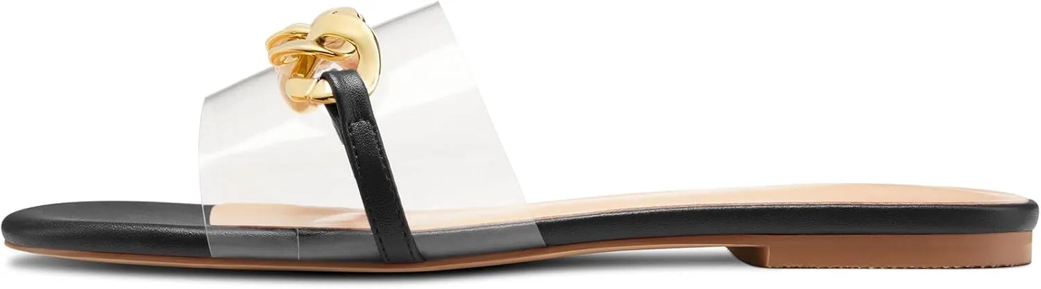 HEUIVZAR Womens Low Heel Peep Open Toe Flats Mules Slip-on Metal Chain Office Clear Dress Summer Shoes