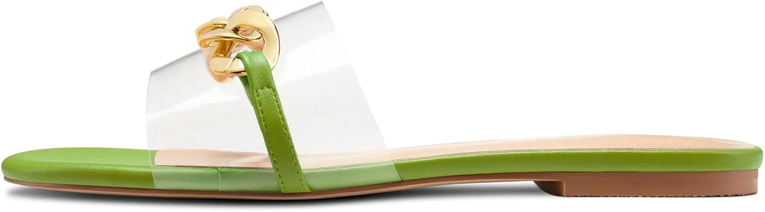 HEUIVZAR Womens Low Heel Peep Open Toe Flats Mules Slip-on Metal Chain Office Clear Dress Summer Shoes