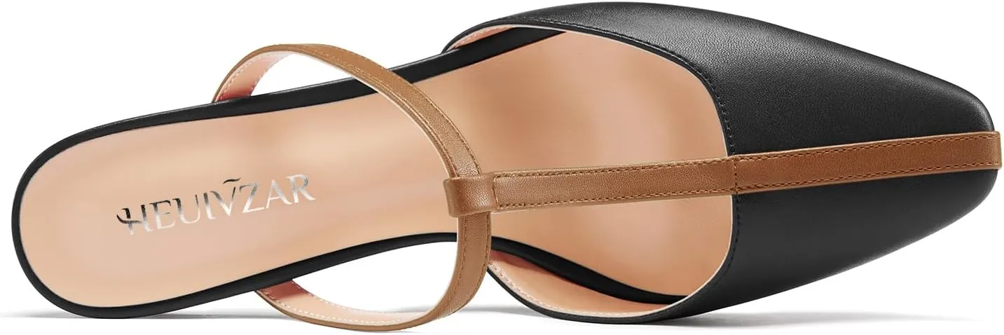 HEUIVZAR Womens Mid Kitten Heel Pointed Toe T-Strap Mules Sandals Slip-on Wedding Cute Summer 2.6 Inches Heels