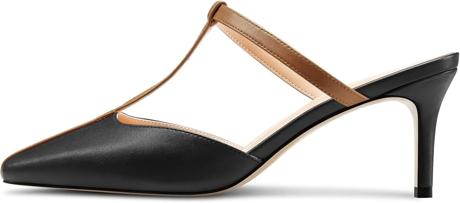 HEUIVZAR Womens Mid Kitten Heel Pointed Toe T-Strap Mules Sandals Slip-on Wedding Cute Summer 2.6 Inches Heels