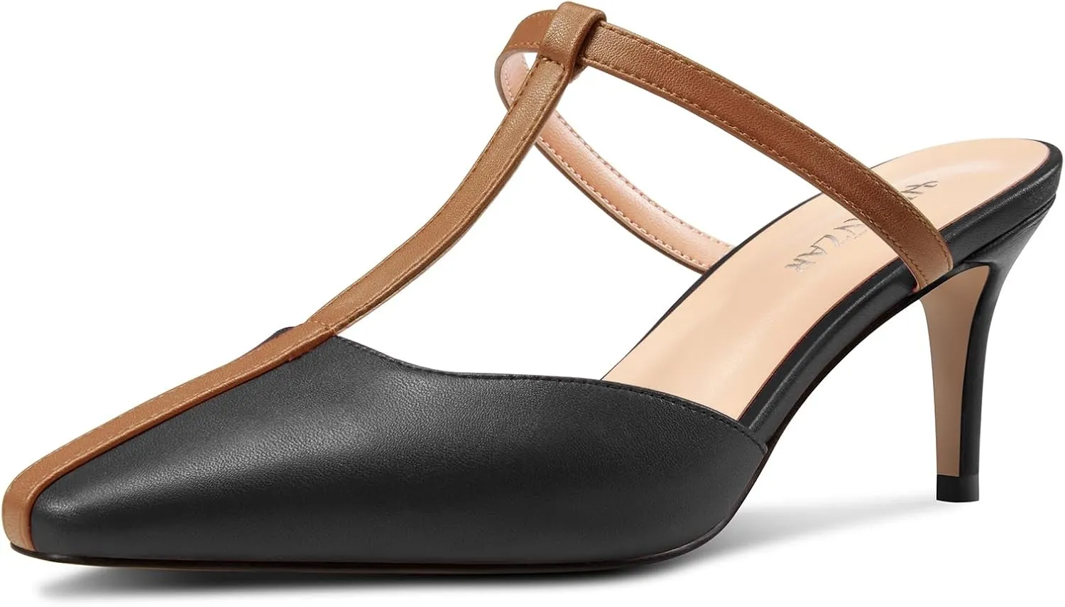 HEUIVZAR Womens Mid Kitten Heel Pointed Toe T-Strap Mules Sandals Slip-on Wedding Cute Summer 2.6 Inches Heels