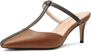 HEUIVZAR Womens Mid Kitten Heel Pointed Toe T-Strap Mules Sandals Slip-on Wedding Cute Summer 2.6 Inches Heels