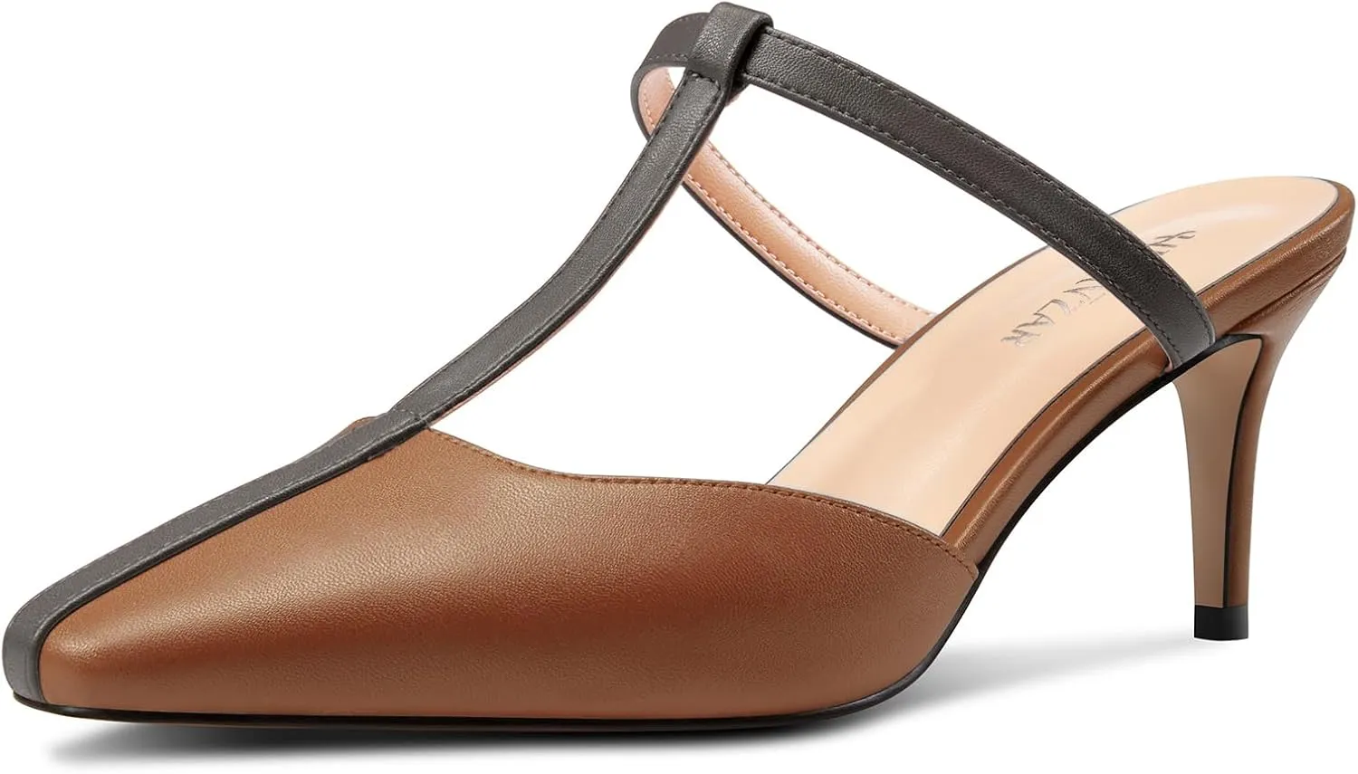 HEUIVZAR Womens Mid Kitten Heel Pointed Toe T-Strap Mules Sandals Slip-on Wedding Cute Summer 2.6 Inches Heels