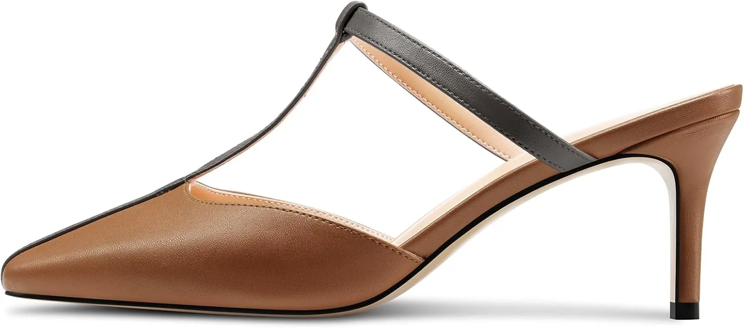 HEUIVZAR Womens Mid Kitten Heel Pointed Toe T-Strap Mules Sandals Slip-on Wedding Cute Summer 2.6 Inches Heels