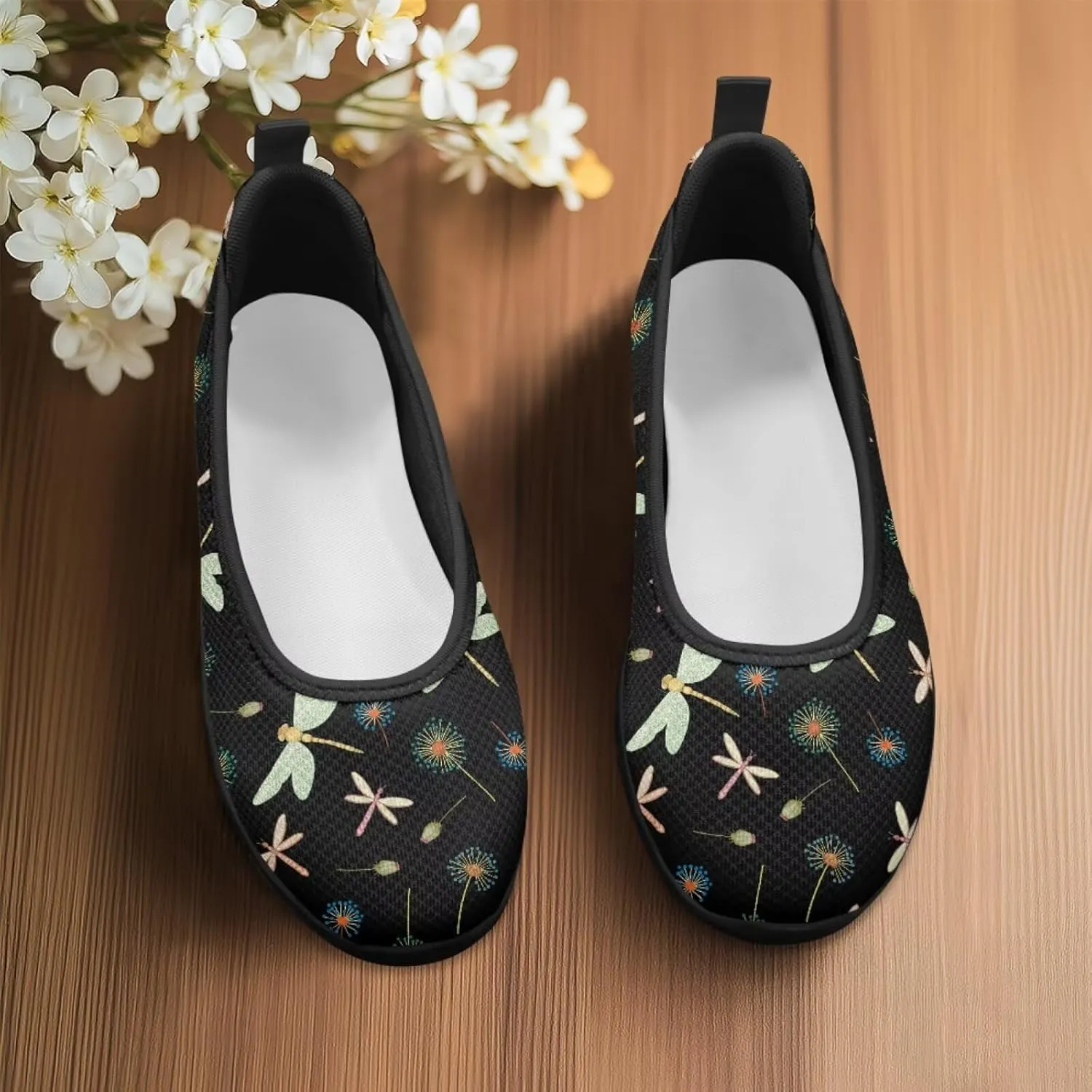 Howilath Dragonfly Print Slip on Shoes Women Casual Flat Shoes Running Shoes Walking Loafers with Anti-Slip Sole