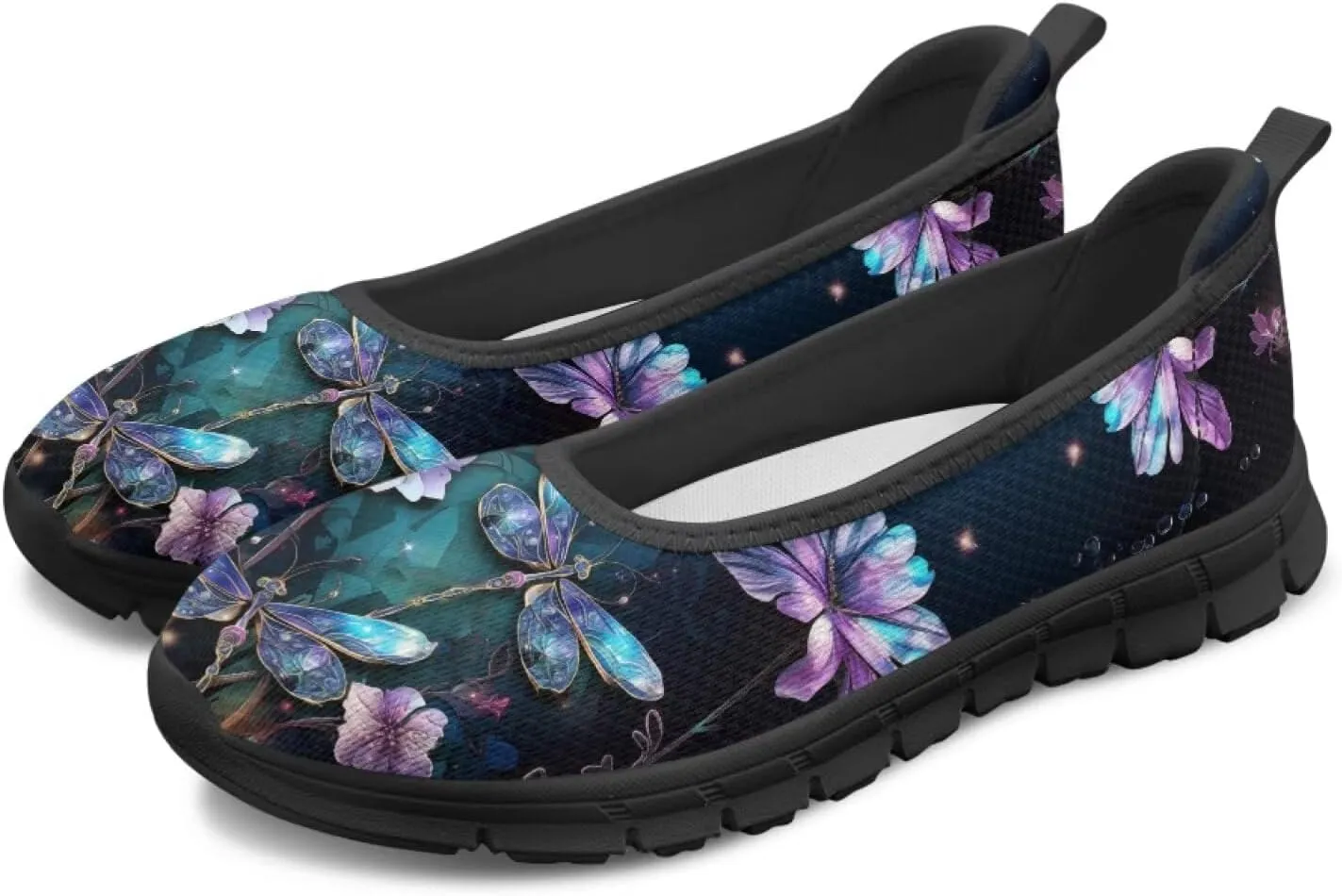 Howilath Dragonfly Print Slip on Shoes Women Casual Flat Shoes Running Shoes Walking Loafers with Anti-Slip Sole