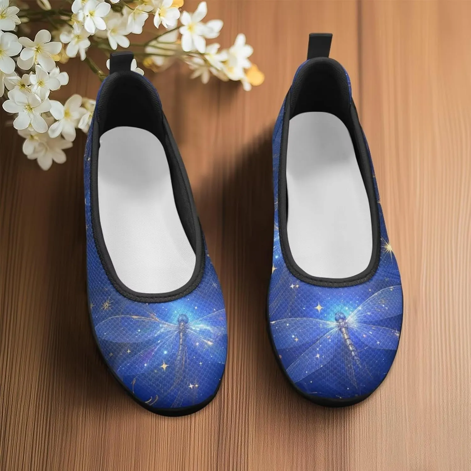 Howilath Dragonfly Print Slip on Shoes Women Casual Flat Shoes Running Shoes Walking Loafers with Anti-Slip Sole