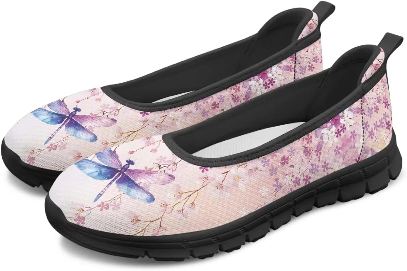 Howilath Dragonfly Print Slip on Shoes Women Casual Flat Shoes Running Shoes Walking Loafers with Anti-Slip Sole