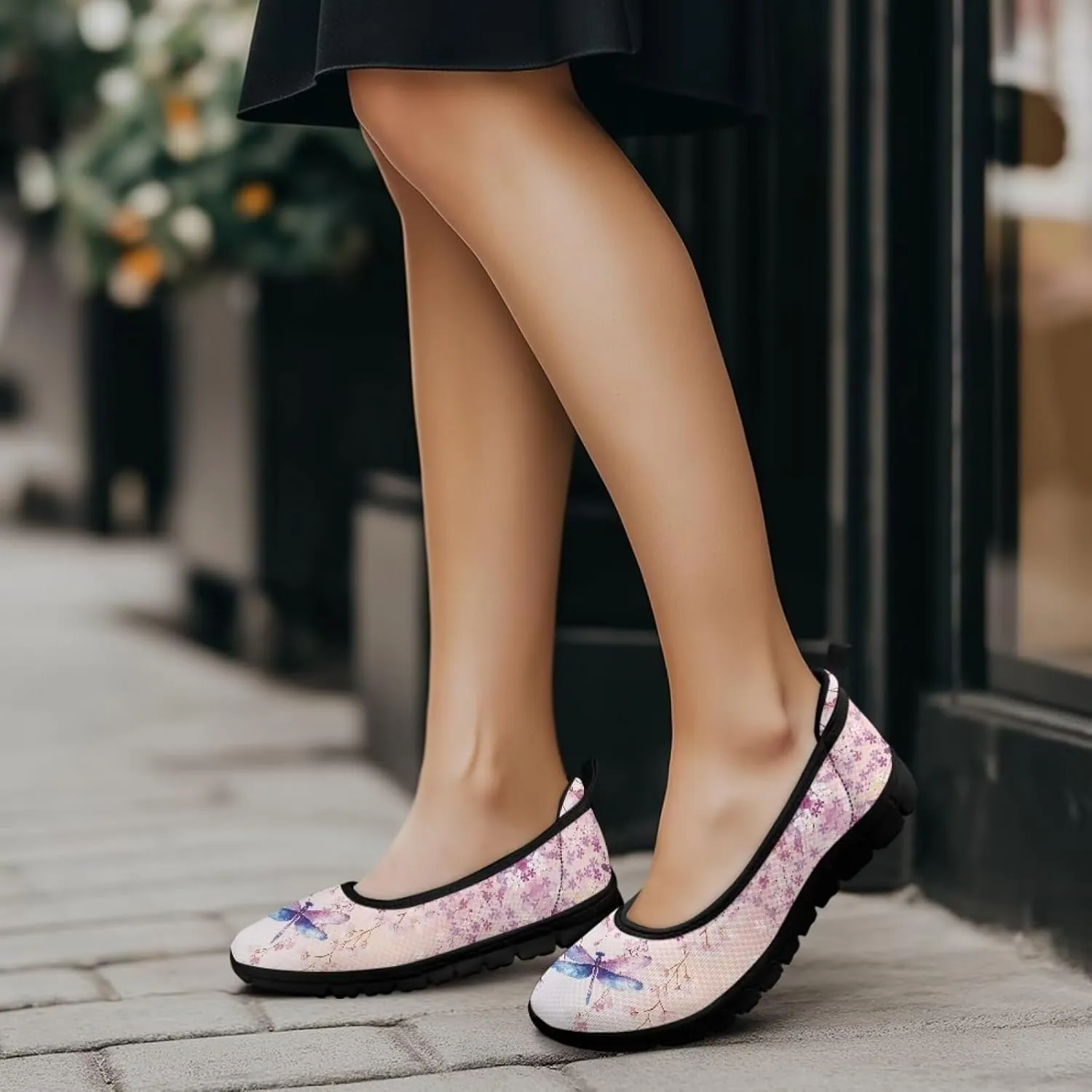 Howilath Dragonfly Print Slip on Shoes Women Casual Flat Shoes Running Shoes Walking Loafers with Anti-Slip Sole
