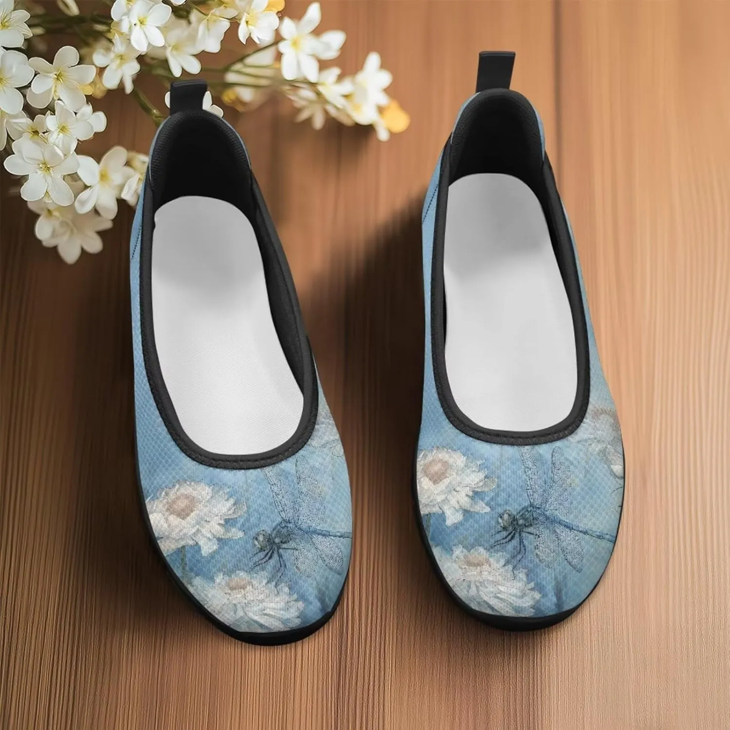 Howilath Dragonfly Print Slip on Shoes Women Casual Flat Shoes Running Shoes Walking Loafers with Anti-Slip Sole
