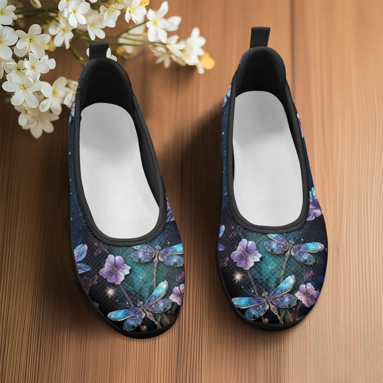 Howilath Dragonfly Print Slip on Shoes Women Casual Flat Shoes Running Shoes Walking Loafers with Anti-Slip Sole