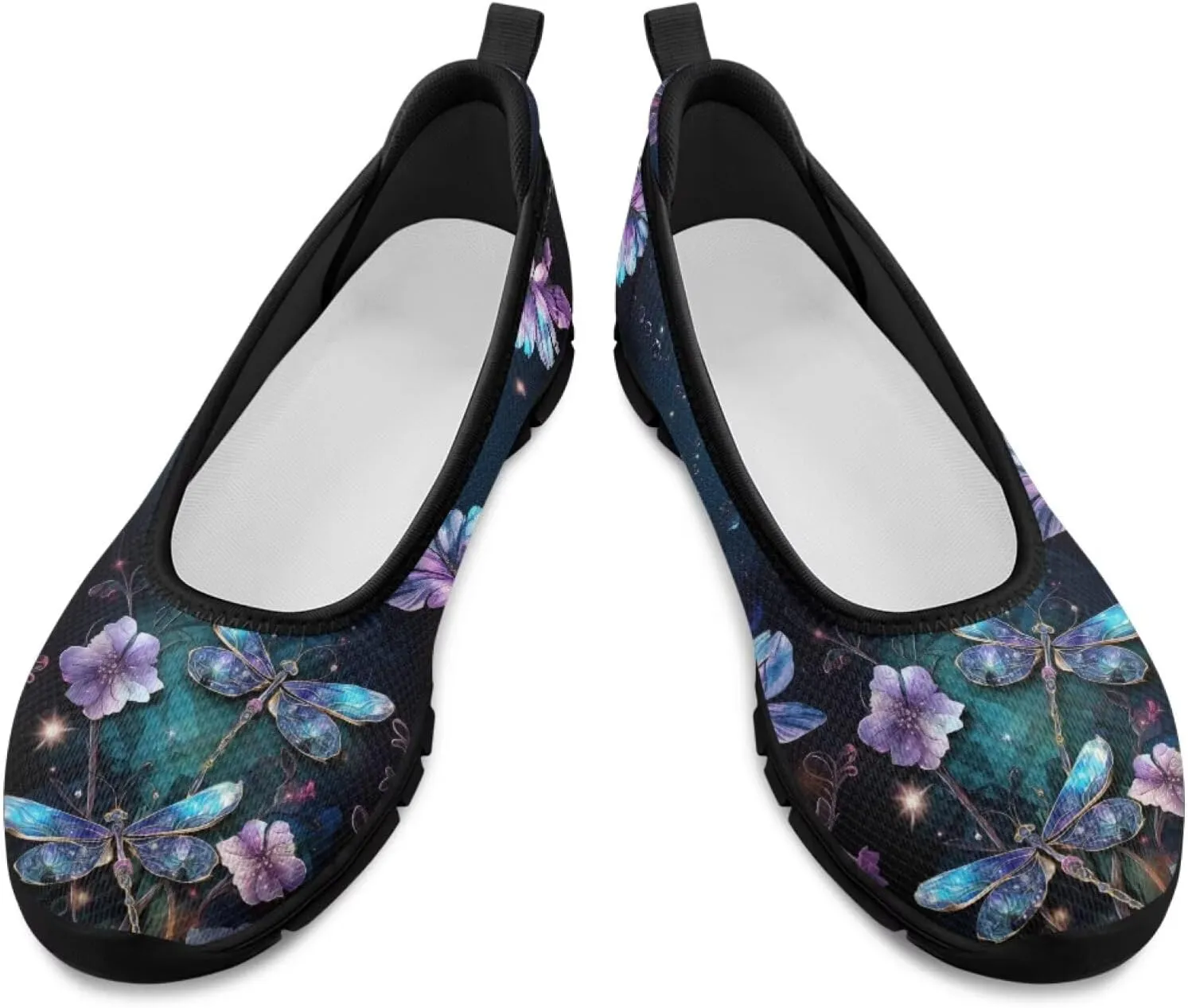 Howilath Dragonfly Print Slip on Shoes Women Casual Flat Shoes Running Shoes Walking Loafers with Anti-Slip Sole