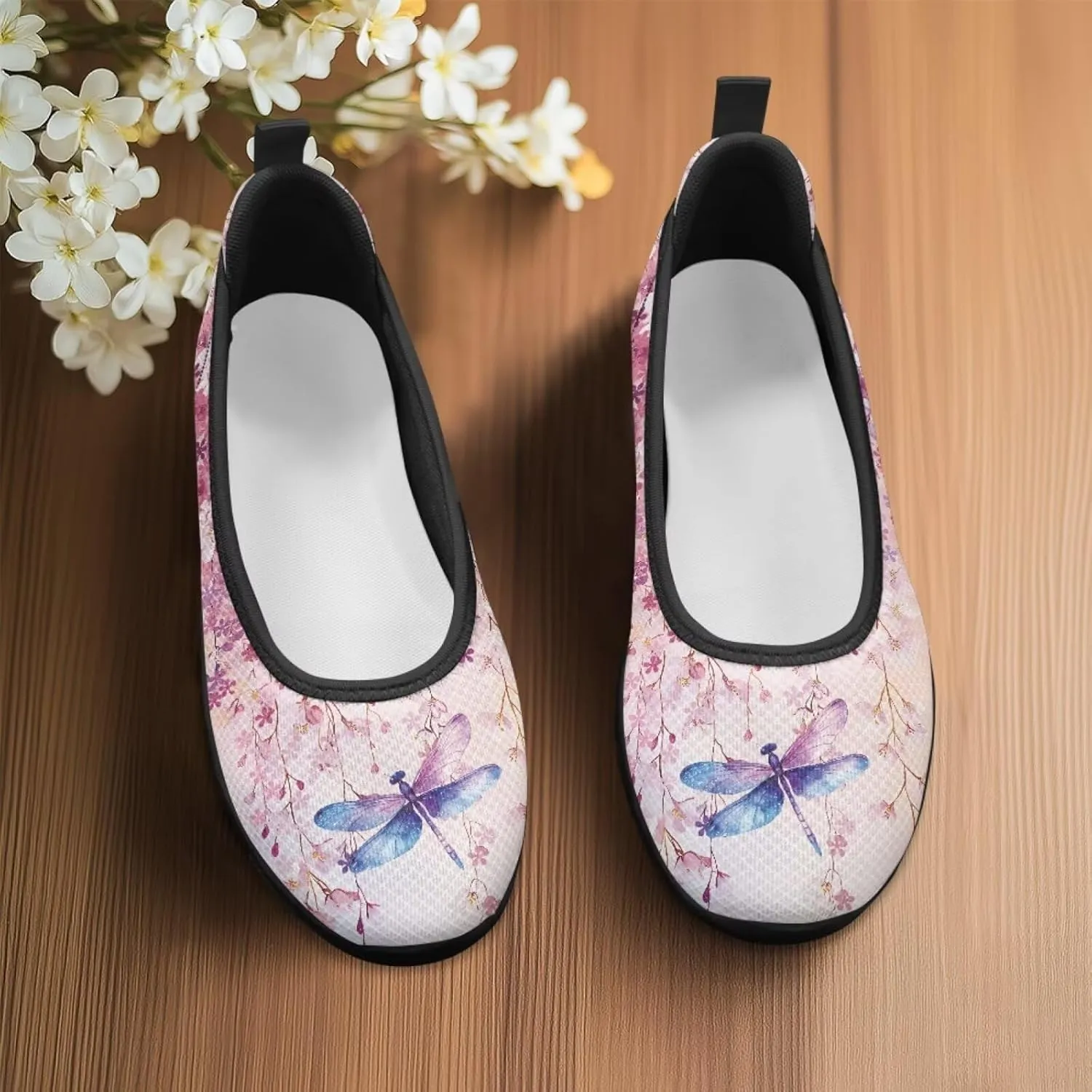Howilath Dragonfly Print Slip on Shoes Women Casual Flat Shoes Running Shoes Walking Loafers with Anti-Slip Sole