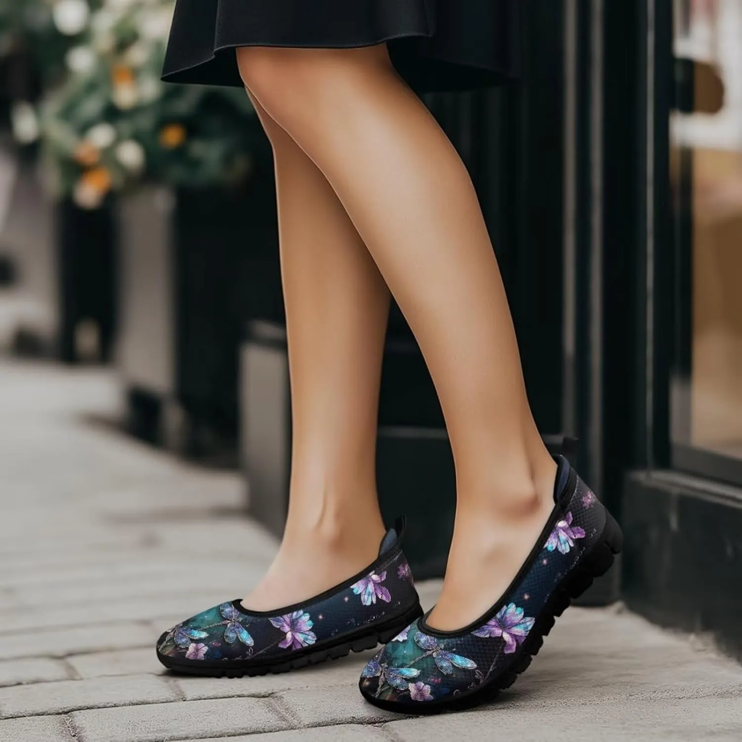 Howilath Dragonfly Print Slip on Shoes Women Casual Flat Shoes Running Shoes Walking Loafers with Anti-Slip Sole