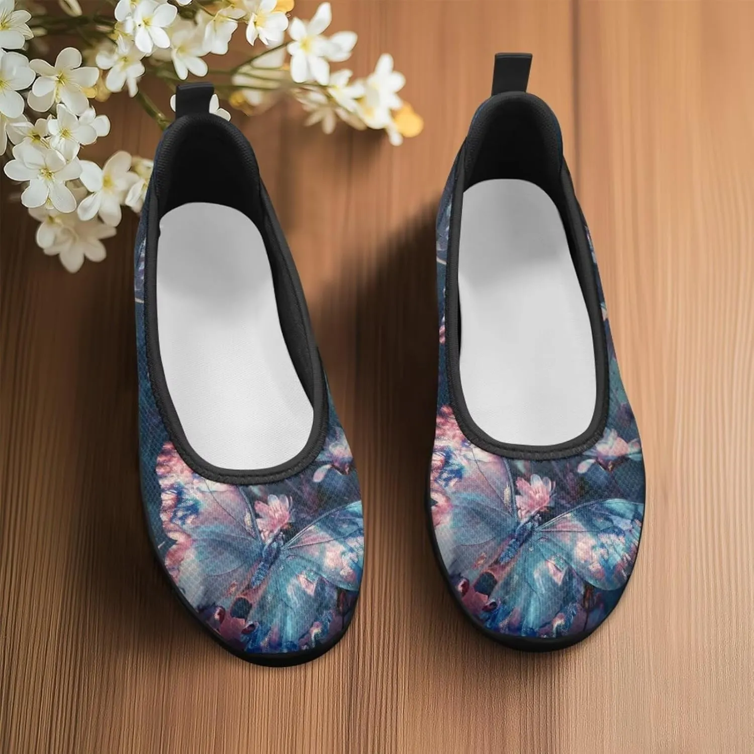 Howilath Dragonfly Print Slip on Shoes Women Casual Flat Shoes Running Shoes Walking Loafers with Anti-Slip Sole