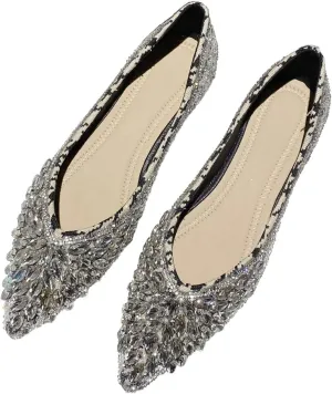 HuangTaiJi Qing Women's Pearl Rhinestone Pointed Toe Ballet Flats Dressy Comfortable Flat Shoes Slip-On Loafers Elegant Shoes