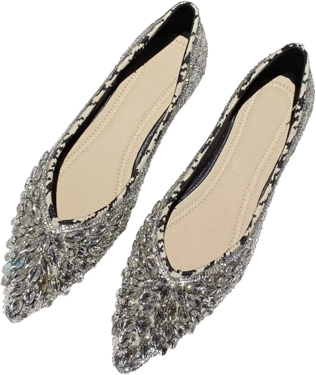 HuangTaiJi Qing Women's Pearl Rhinestone Pointed Toe Ballet Flats Dressy Comfortable Flat Shoes Slip-On Loafers Elegant Shoes