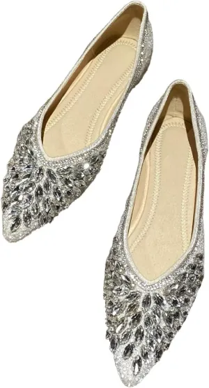 HuangTaiJi Qing Women's Pearl Rhinestone Pointed Toe Ballet Flats Dressy Comfortable Flat Shoes Slip-On Loafers Elegant Shoes
