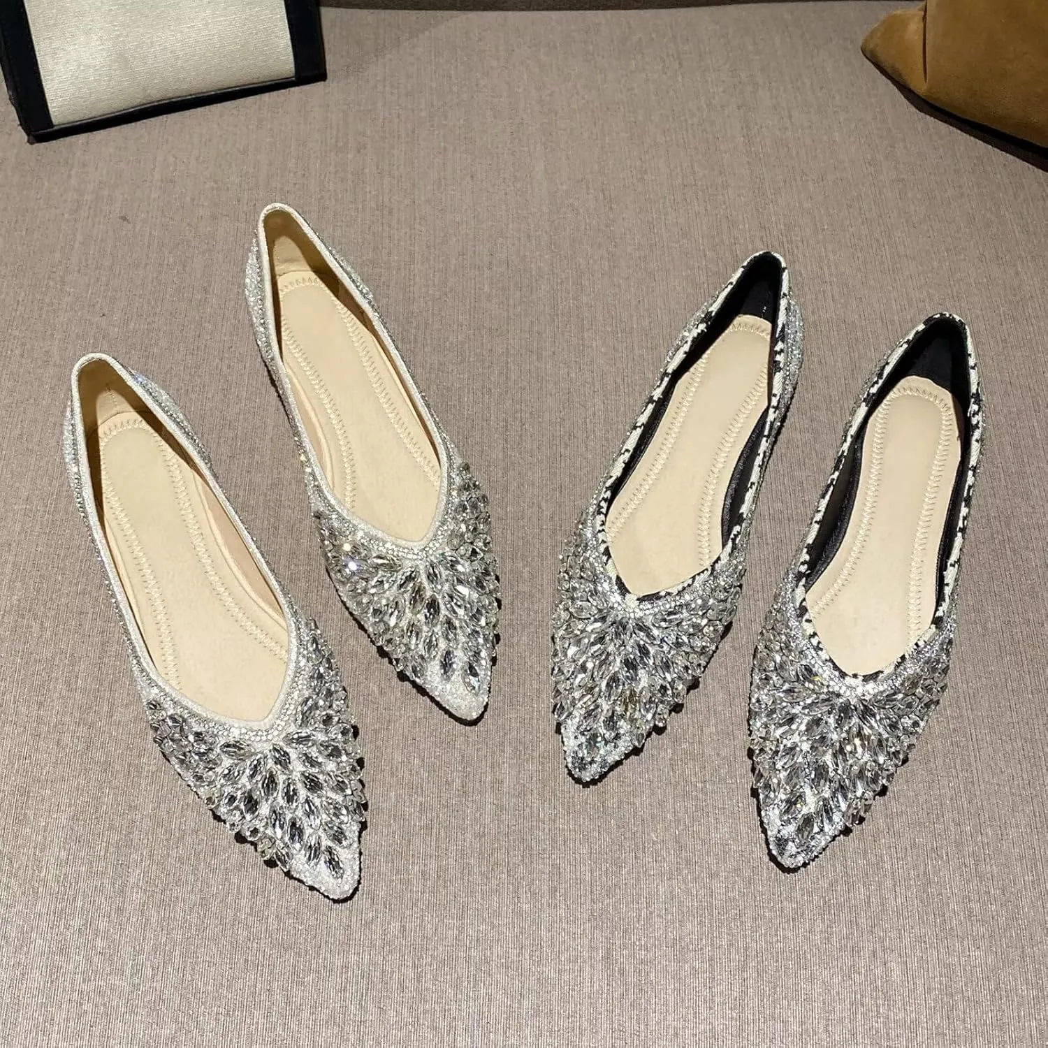 HuangTaiJi Qing Women's Pearl Rhinestone Pointed Toe Ballet Flats Dressy Comfortable Flat Shoes Slip-On Loafers Elegant Shoes
