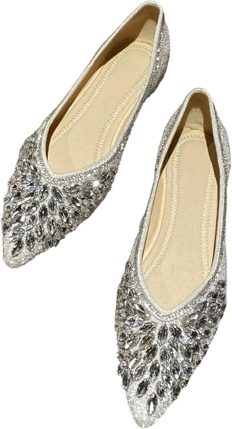 HuangTaiJi Qing Women's Pearl Rhinestone Pointed Toe Ballet Flats Dressy Comfortable Flat Shoes Slip-On Loafers Elegant Shoes