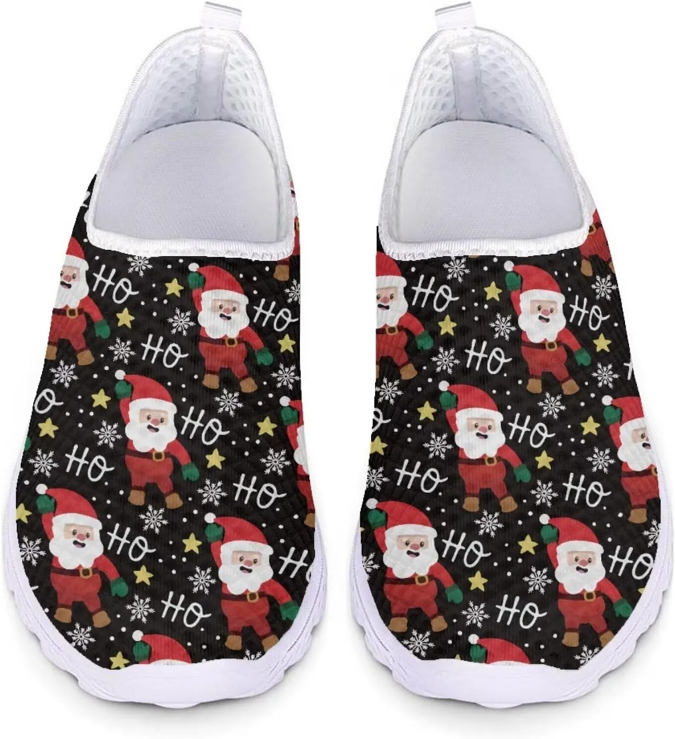 HUIACONG Christmas Black Shoes Santa Claus Sneakers Ho Ho Ho Slip On Walking Shoes Size 12.5 Tennis Trainers for Women Teen Girls Athletic Workout Footwear for Holiday Party Xmas Gifts