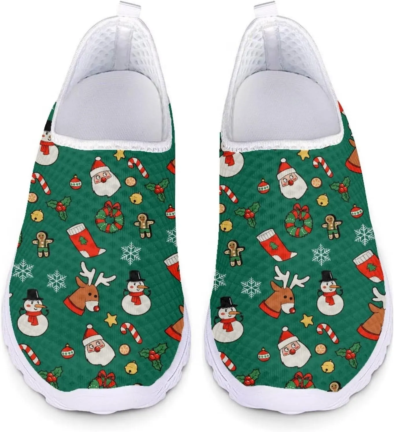 HUIACONG Green Christmas Teen Girls Sneakers for Women Slip On Shoes Ladies Lightweight Athletic Trainers Size 8 Road Running Shoes for Family Xmas Holiday Party Gifts