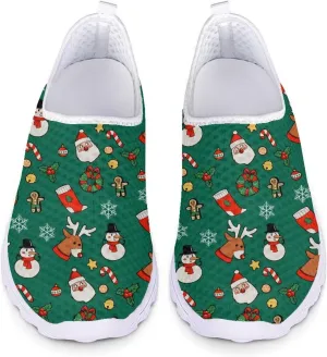 HUIACONG Green Christmas Teen Girls Sneakers for Women Slip On Shoes Ladies Lightweight Athletic Trainers Size 8 Road Running Shoes for Family Xmas Holiday Party Gifts