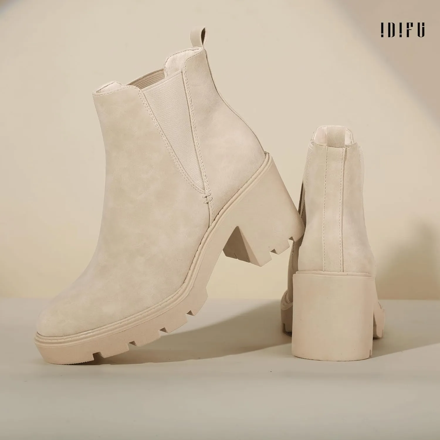 IDIFU IN3 Chelsea Ankle Boots Womens Boots Low Short Block Chunky Thick Heel Fall Boots Ladies Bride Wedding Slip On Closed Round Toe Booties Comfort Cute Trendy Stylish V Shaped Opening Dressy Boots