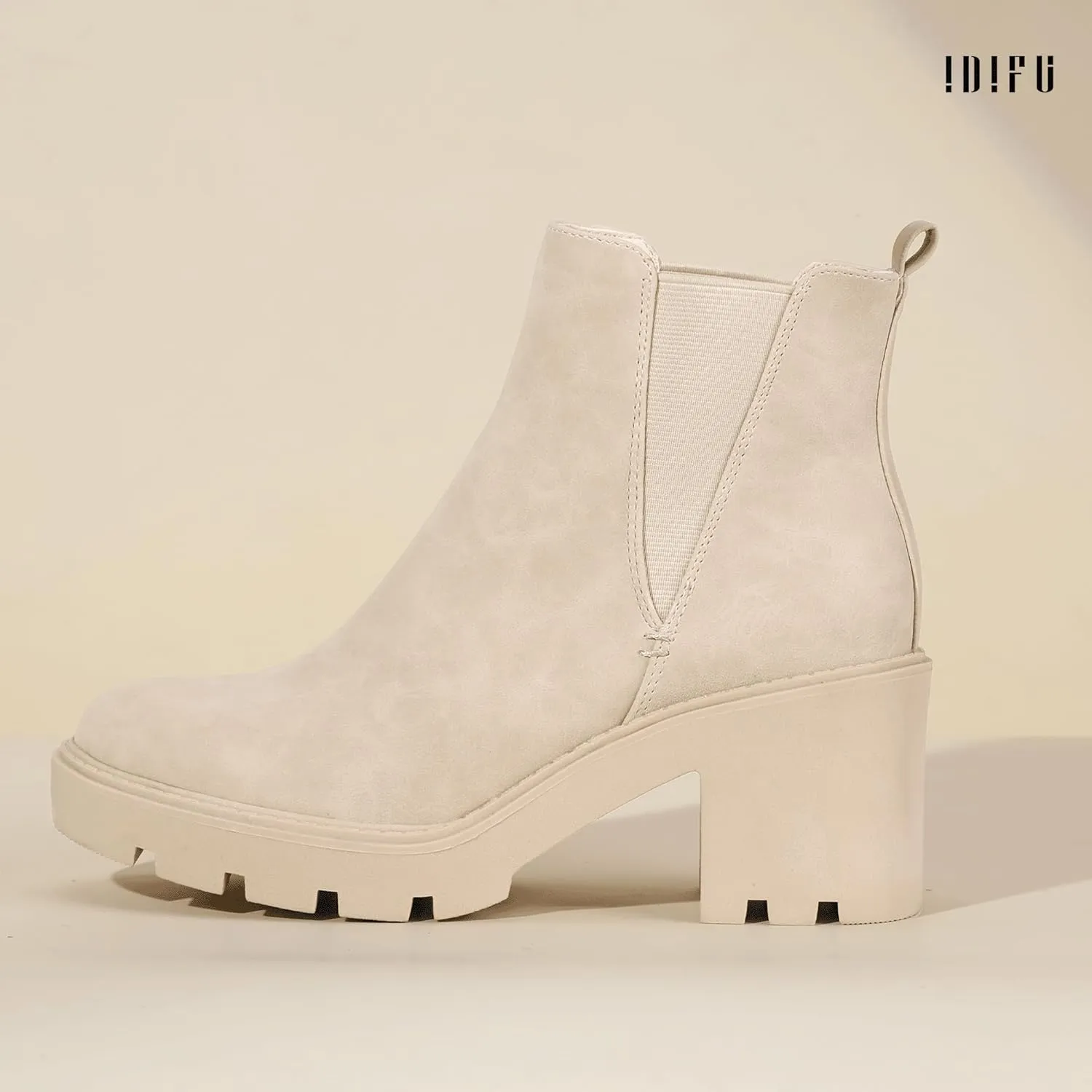 IDIFU IN3 Chelsea Ankle Boots Womens Boots Low Short Block Chunky Thick Heel Fall Boots Ladies Bride Wedding Slip On Closed Round Toe Booties Comfort Cute Trendy Stylish V Shaped Opening Dressy Boots