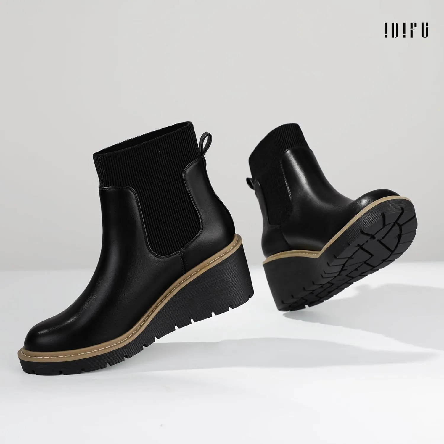 IDIFU IN3 Platform Chelsea Boots for Women Low Short Wedges Ankle Boots Lug Sole Trendy Fashion Comfortable Fall Dress Booties Slip On Elastic Casual Work Daily Round Toe Ladies Boots