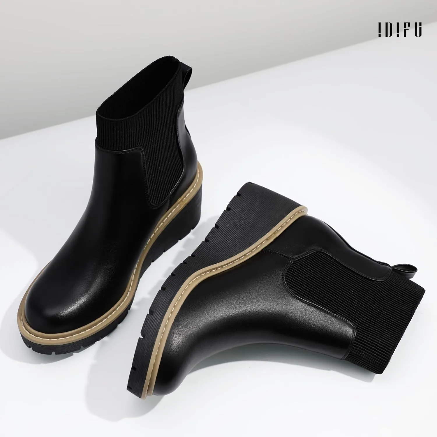 IDIFU IN3 Platform Chelsea Boots for Women Low Short Wedges Ankle Boots Lug Sole Trendy Fashion Comfortable Fall Dress Booties Slip On Elastic Casual Work Daily Round Toe Ladies Boots