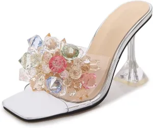INEELUYI Women's Clear Heels Sandals Transparent Stiletto Backless Slippers Open Toe Party Wedding Crystal Heeled Sandals