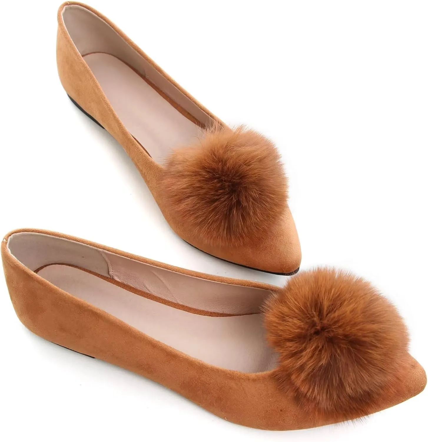 INEELUYI Women's Pom Pom Ballets Flats Pointy Toe Slip on Dress Flats Loafers Wedding Bowknot Shoes