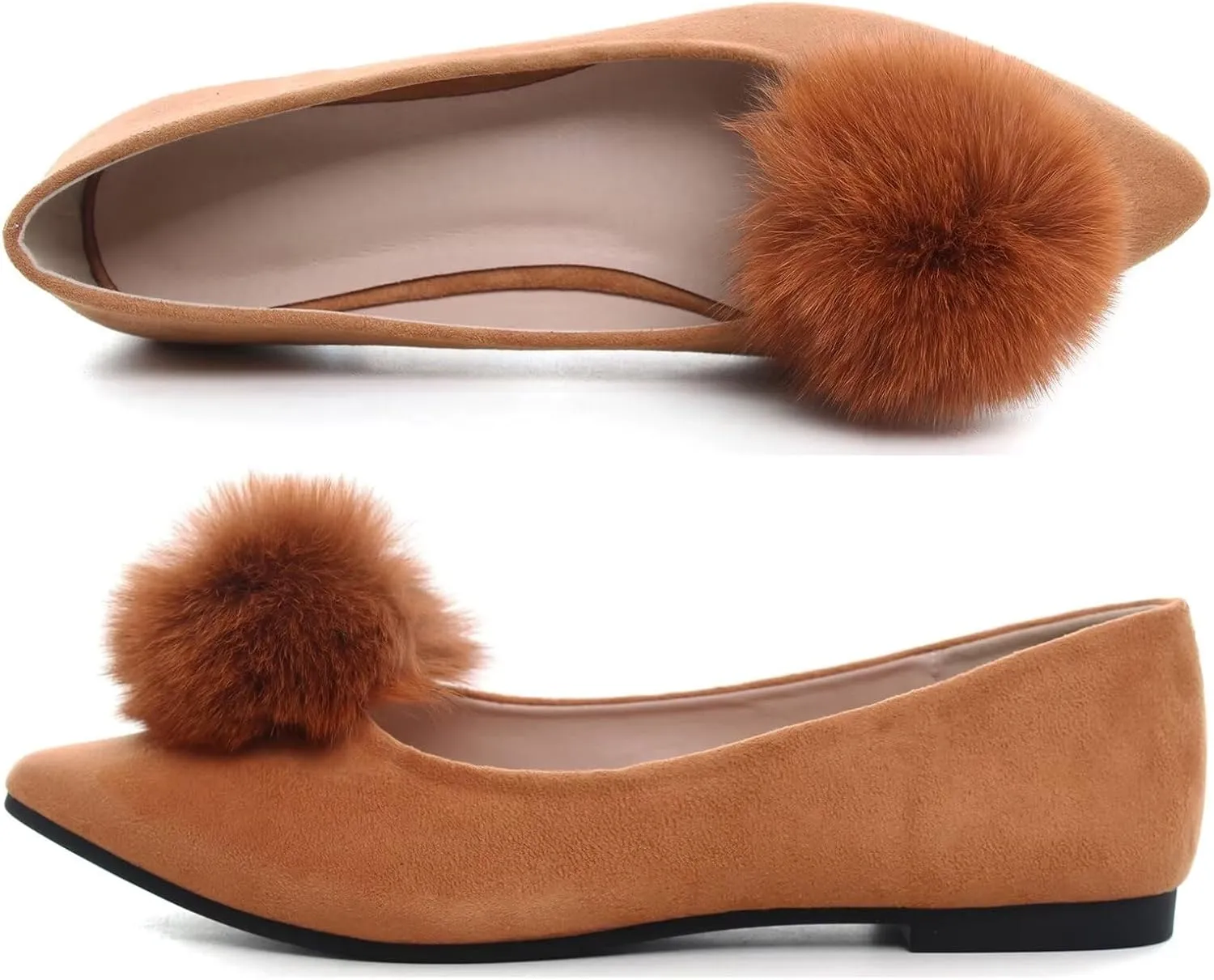INEELUYI Women's Pom Pom Ballets Flats Pointy Toe Slip on Dress Flats Loafers Wedding Bowknot Shoes