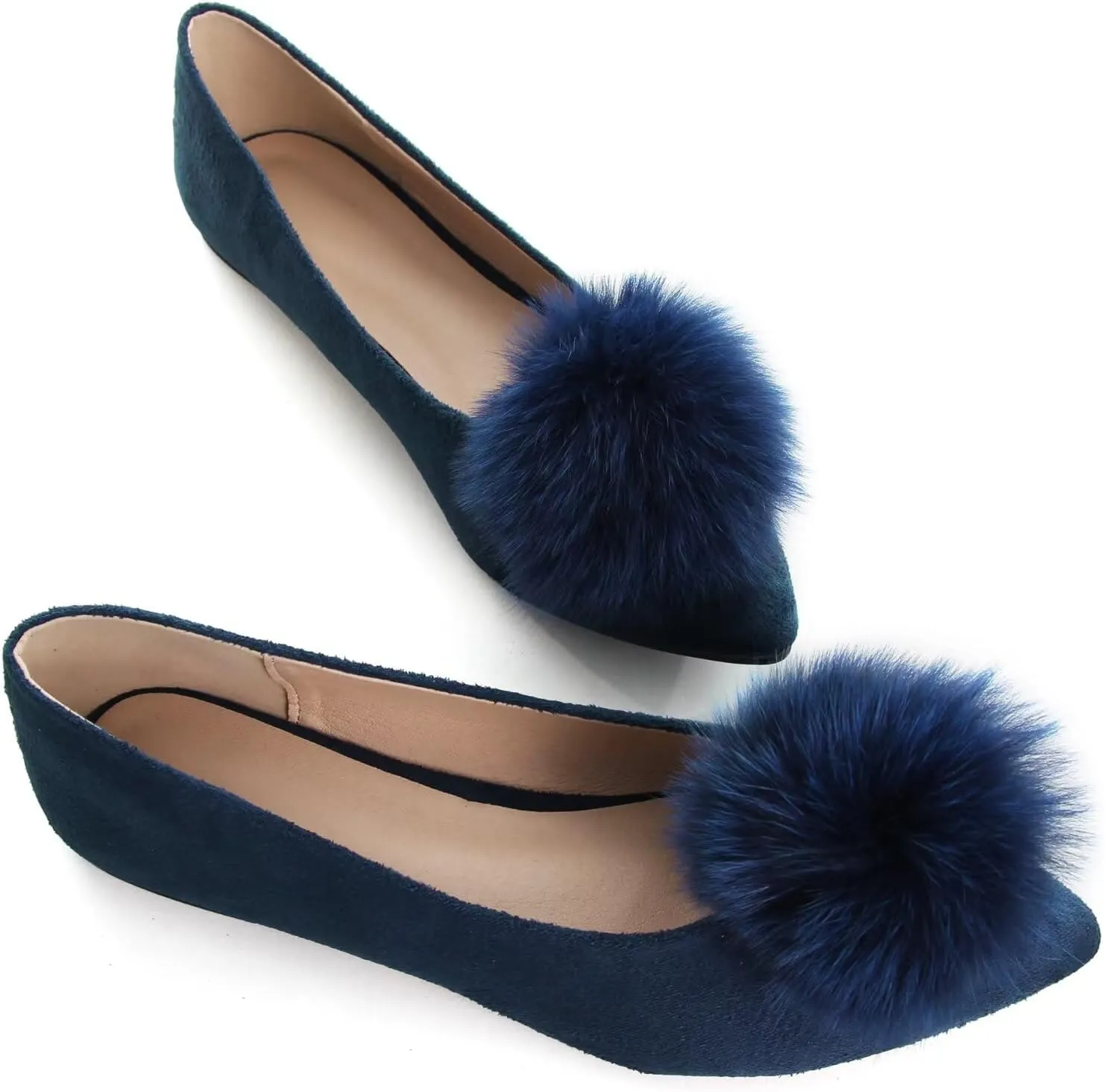 INEELUYI Women's Pom Pom Ballets Flats Pointy Toe Slip on Dress Flats Loafers Wedding Bowknot Shoes