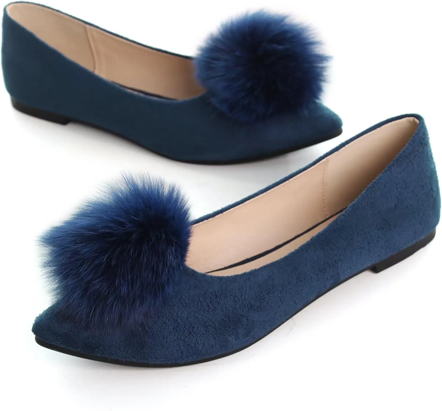 INEELUYI Women's Pom Pom Ballets Flats Pointy Toe Slip on Dress Flats Loafers Wedding Bowknot Shoes