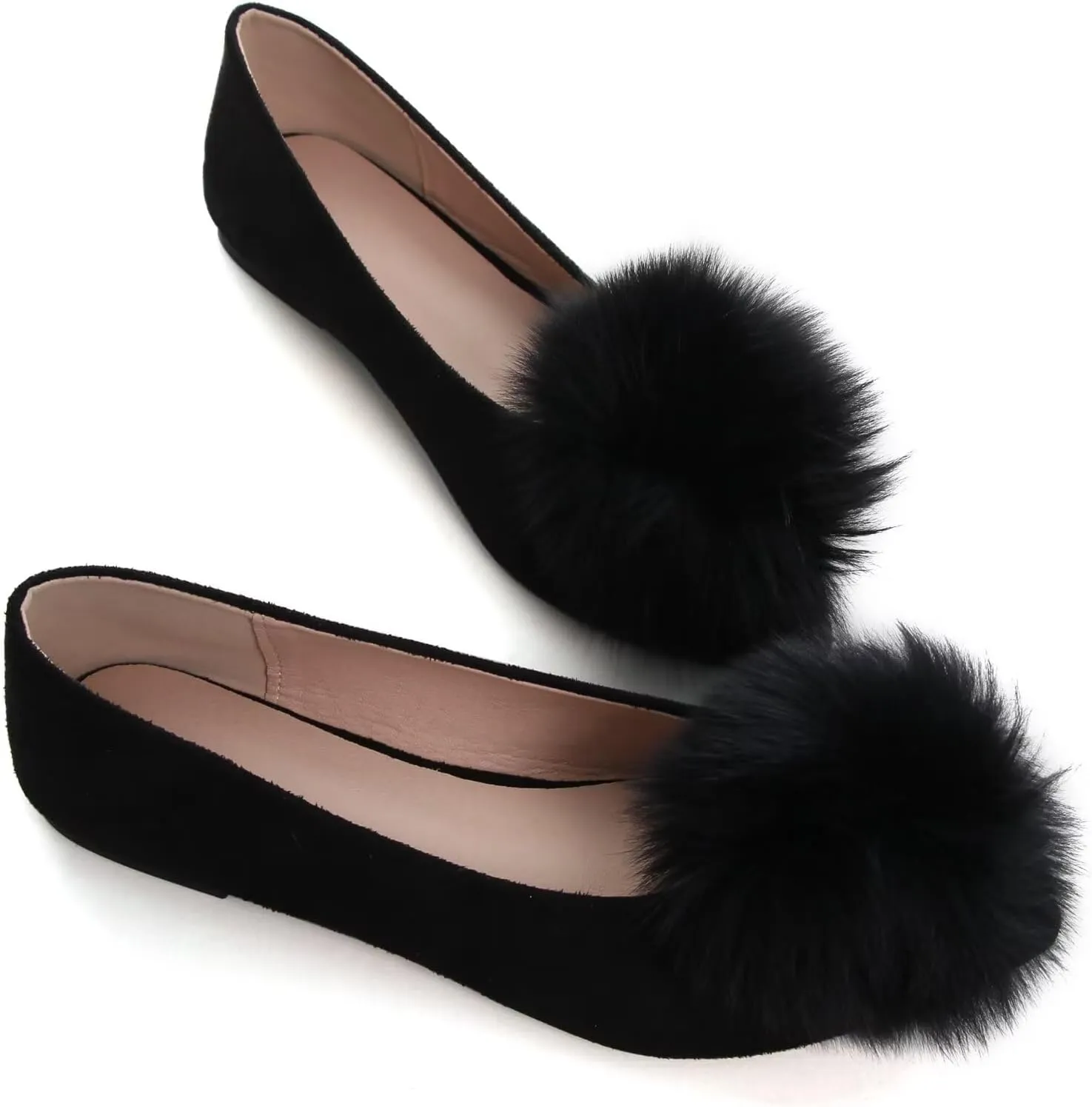 INEELUYI Women's Pom Pom Ballets Flats Pointy Toe Slip on Dress Flats Loafers Wedding Bowknot Shoes