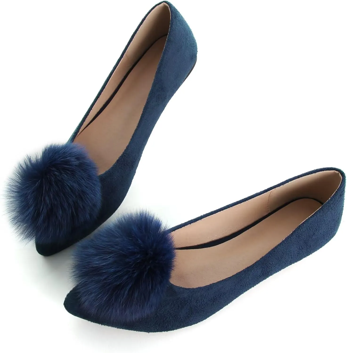 INEELUYI Women's Pom Pom Ballets Flats Pointy Toe Slip on Dress Flats Loafers Wedding Bowknot Shoes