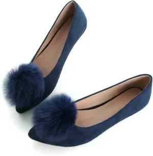 INEELUYI Women's Pom Pom Ballets Flats Pointy Toe Slip on Dress Flats Loafers Wedding Bowknot Shoes
