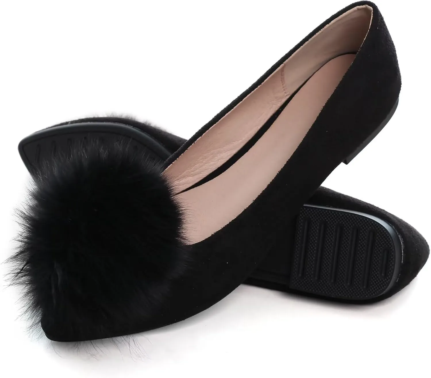 INEELUYI Women's Pom Pom Ballets Flats Pointy Toe Slip on Dress Flats Loafers Wedding Bowknot Shoes