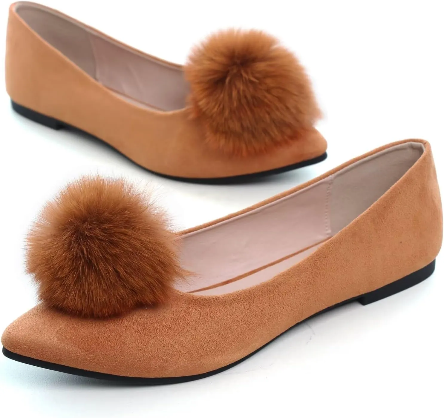 INEELUYI Women's Pom Pom Ballets Flats Pointy Toe Slip on Dress Flats Loafers Wedding Bowknot Shoes