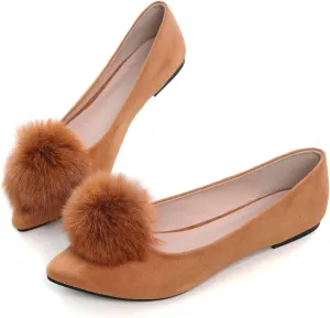 INEELUYI Women's Pom Pom Ballets Flats Pointy Toe Slip on Dress Flats Loafers Wedding Bowknot Shoes