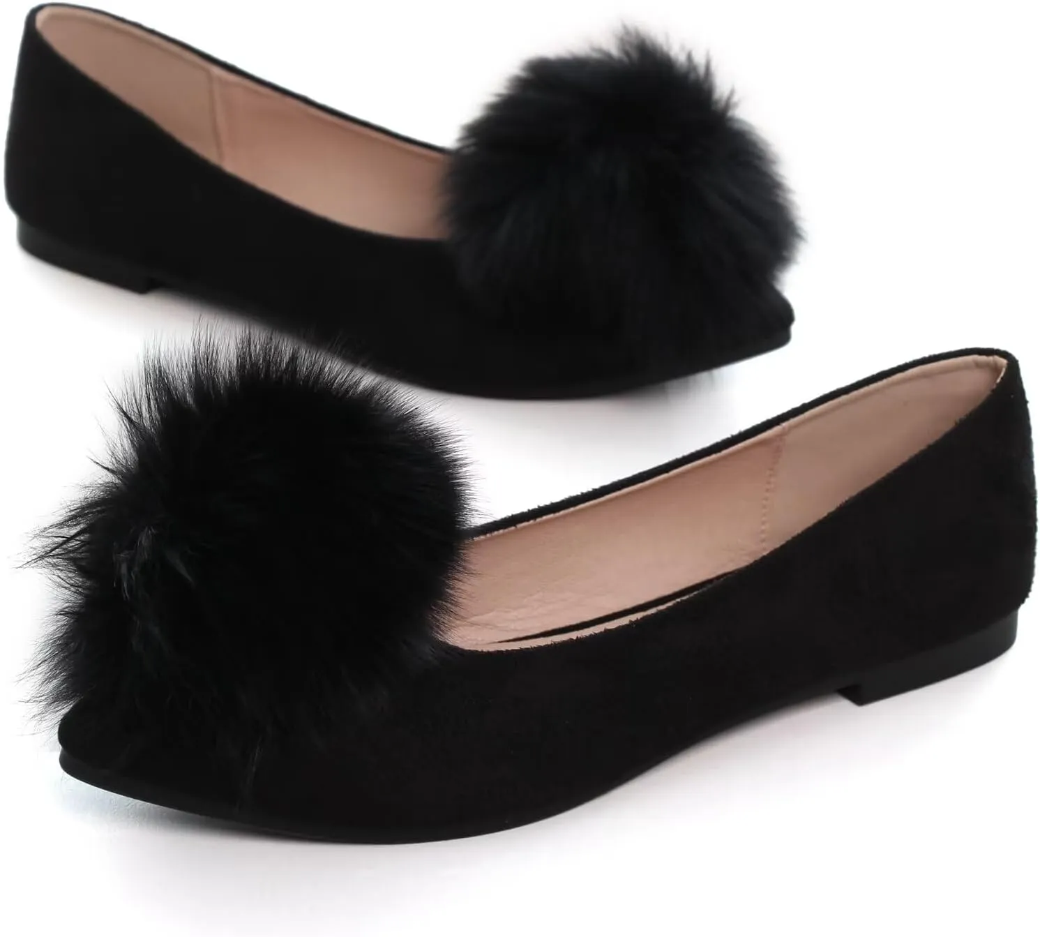 INEELUYI Women's Pom Pom Ballets Flats Pointy Toe Slip on Dress Flats Loafers Wedding Bowknot Shoes