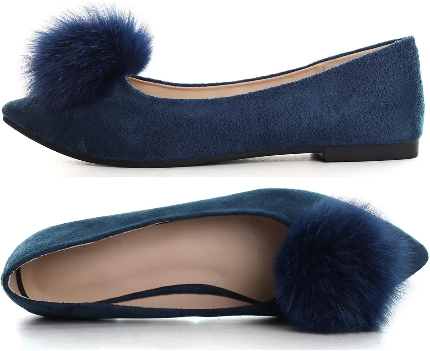 INEELUYI Women's Pom Pom Ballets Flats Pointy Toe Slip on Dress Flats Loafers Wedding Bowknot Shoes